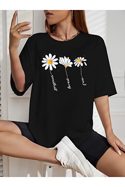 Mythologie تي شيرت ثري باباتيا - أسود مطبوع بياقة دائرية وأكمام قصيرة وفضفاضة