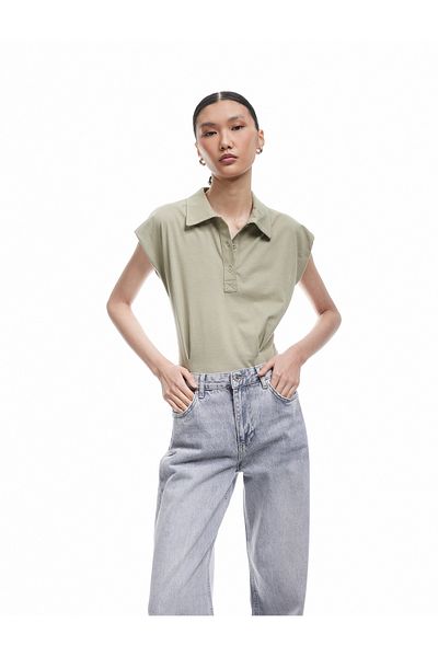 Koton Cotton Buttoned Sleeveless Crop Polo Neck T-Shirt