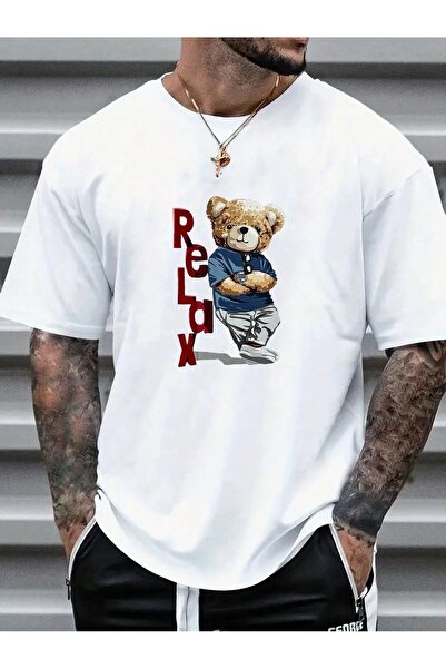 Mythologie Relax Bear T-Shirt - White Printed Oversize Crew Neck Short Sleeve...