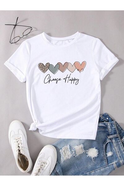 Mythologie Choose Happy Heart T-Shirt - White Printed Oversize Crew Neck Shor...