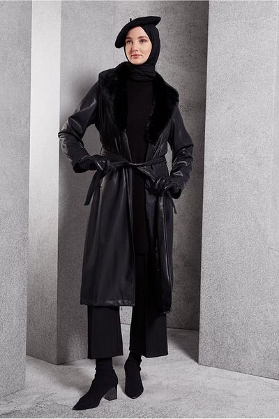 Alvina Fur Detailed Funnel Leather Trench Coat 10909