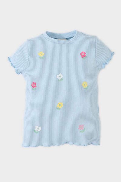 DeFacto Tricou cu mânecă scurtă pentru fetiță, sezon nou, cu decolteu, cu flori, cu mânecă scurtă