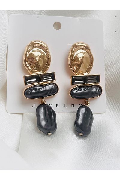 COCOSH TAKI Dark Gray Stone Pearl Color Gold Detailed Evening Dress Modern Design Earrings