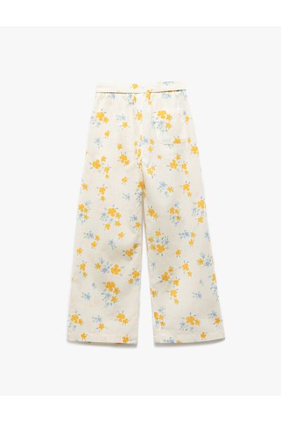 Koton New Season Cotton Floral Patterned Wide Leg Trousers with Belt Detail