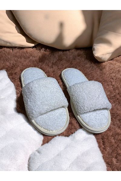 Chocli Unisex White Furry House Slippers Open Front