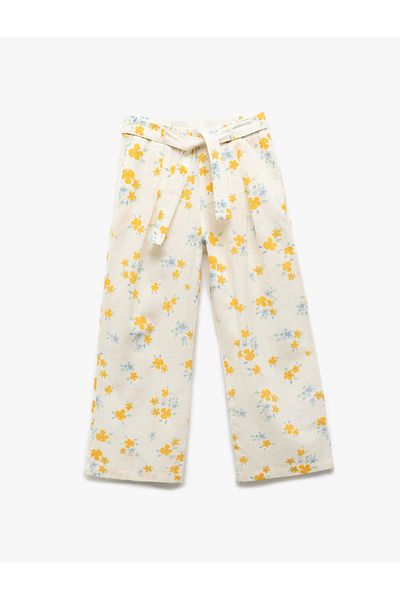 Koton New Season Cotton Floral Patterned Wide Leg Trousers with Belt Detail