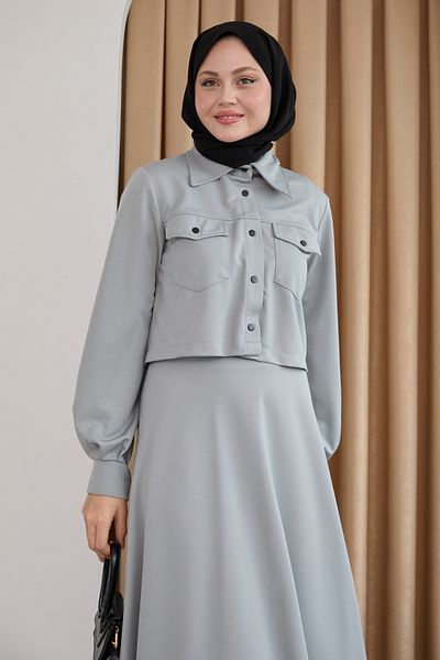InStyle Costum gri cu fustă bolero cu nasturi