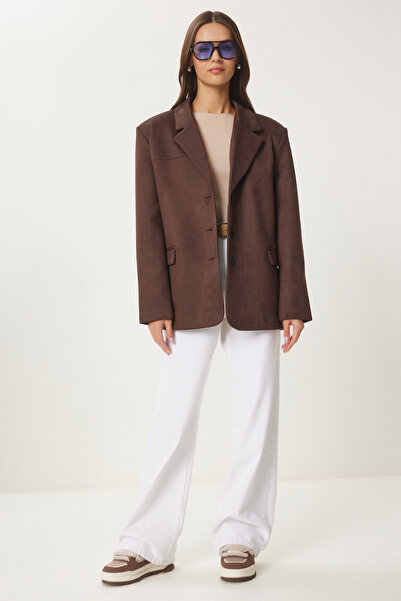 Lovelyİstanbul سترة بليزر من جلد الغزال الفاخر Hfk508022 بني داكن Lfn0073