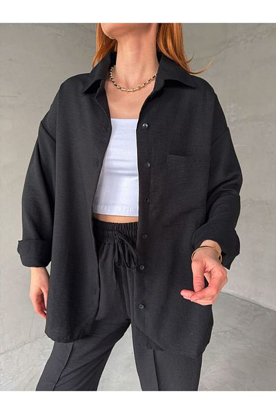 Cappmoda TKM-03665 قميص أسود بأزرار وتفاصيل جيب وخصر مطاطي وربطة عنق وبنطلون طقم مكون من قطعتين