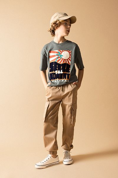 DeFacto Boy's Gabardine Jogger Pants - Cargo Pocket, Waist Lace and Elastic Leg B8939A824Sm
