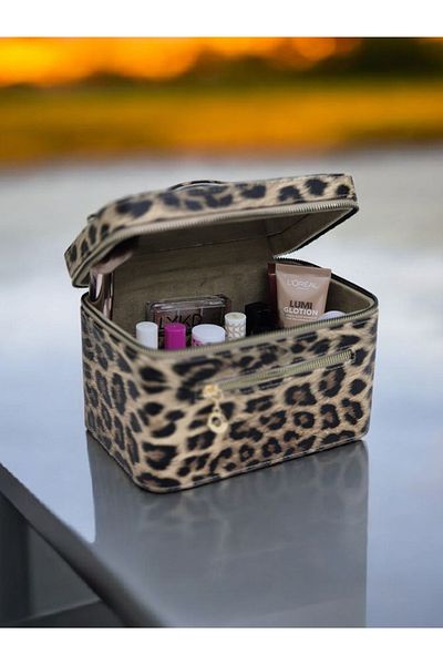 Moda fiesta Τσάντα μακιγιάζ ταξιδιού Leopard Motif με λαβή καθρέφτη Φορητή οργάνωση γυναικείου μακιγιάζ