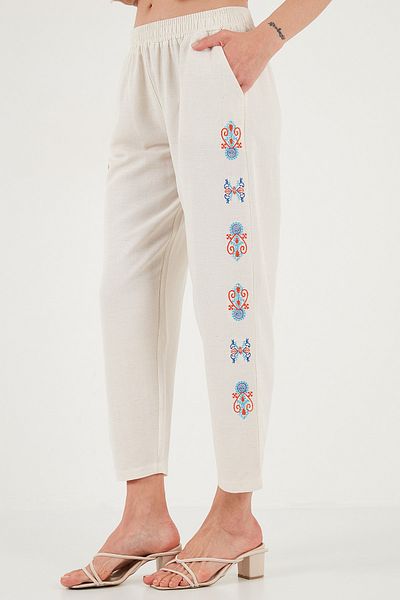 Lela Bohemian Embroidered Linen And Cotton Blended Shalwar Trousers Trousers 5865050