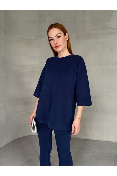 Cappmoda TKM-03666 Navy Blue Crew λαιμόκοψη μισό μανίκι T-shirt Φαρδύ παντελόνι με φαρδύ πόδι Modal υφασμάτινο κοστούμι δύο τεμαχίων