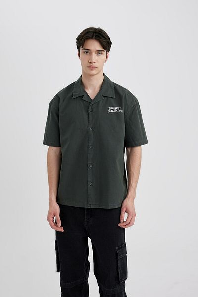 DeFacto Apaş Collar Back Printed Cotton Short Sleeve Shirt - Relax Fit B9778Ax24Sm