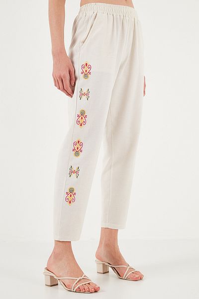Lela Bohemian Embroidered Len and Cotton Blended Shalwar Trousers 5865050