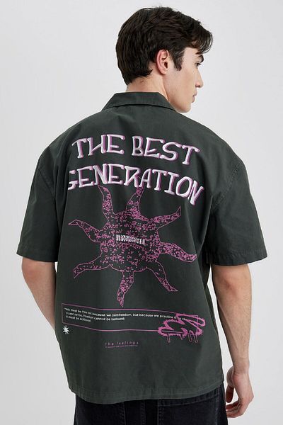 DeFacto Apaş Collar Back Printed Cotton Short Sleeve Shirt - Relax Fit B9778Ax24Sm