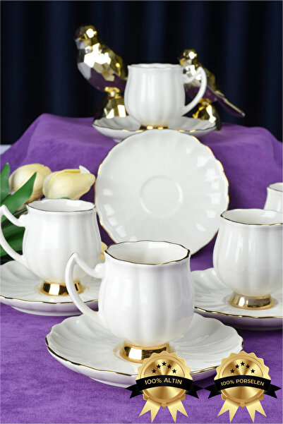 Farika Porselen Lale 12 Parça 6 Kişilik Altın Yaldız 80 ml Porselen Kahve Fin...