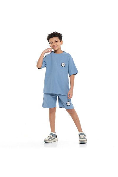 Victor and Jane Boys' Jacquard Set – Powder Blue 2-Piece Outfit with Shirt & Shorts