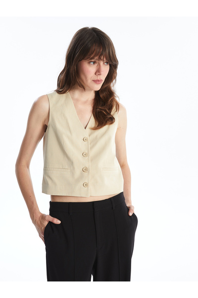 LC Waikiki V-Neck Plain Linen Blend Women's Classic Vest