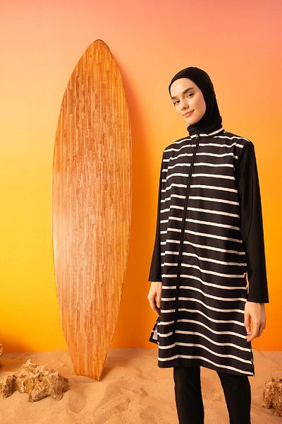 DeFacto Gestreifter 3-teiliger Burkini-Moslem-Badeanzug mit normaler Passform B5226ax24sm