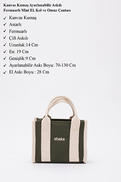 SHAKA Khaki Green Mini Hand, Arm and Shoulder Bag - Adjustable Strap, Zipper and Lined, Shk137 Canvas Fabric