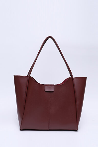 SHAKA Burgundy Shk76 Large Size Women's Hand and Shoulder Bag with Snap Fastener Strap Faux Leather Makeup Bag