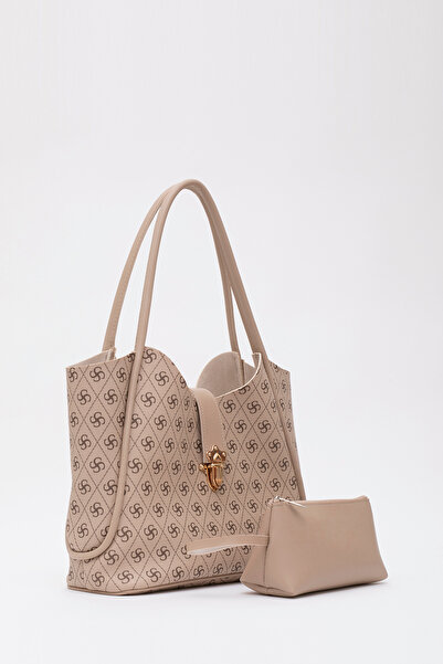 SHAKA Geantă de machiaj din piele artificială imprimată cu monogramă de nurcă cu detaliu de blocare - L:27 E:3