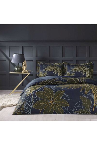 Taç 100% cotton satin double bed linen with tropical leaves, TaçMako-Satin, Mariella Blue