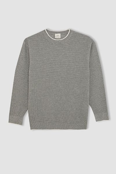 DeFacto Pulover pentru băiat, gri, cu gât crew, 100% bumbac, simplu, tricotaj, 25k 801005079