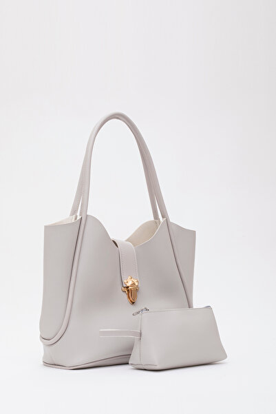 SHAKA Gray Shk126 Faux Leather Lock Detailed Makeup Bag Hand, Arm and Shoulder Bag