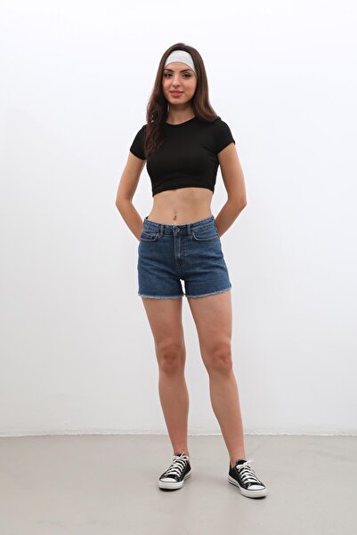 Bluewhite Kadın Yüksek Bel Püsküllü Mavi Jean Şort