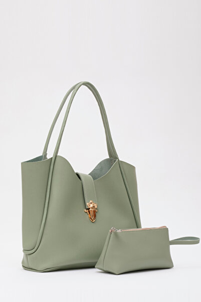 SHAKA Shk126 Mint Green Faux Leather - Lock Detailed Makeup Bag L:27 E:37 W:12 cm