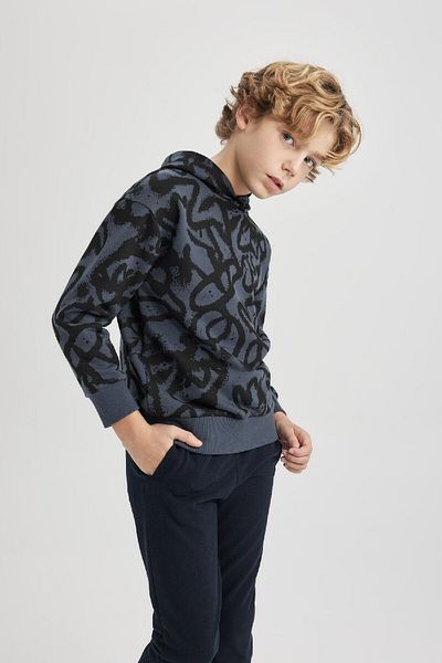 DeFacto Boy's Print Oversize Hooded Sweatshirt - C0355A823Cw