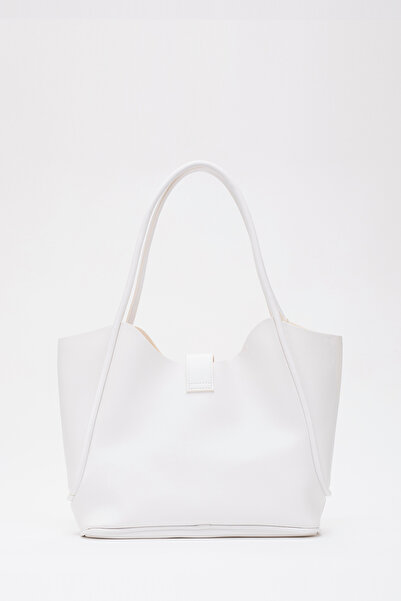 SHAKA Shk126 Model White Artificial Leather - Lock Detailed Makeup Bag, Hand and Shoulder Bag, L:27 E:37 W:12 cm