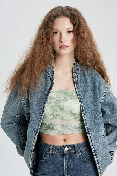 DeFacto Jachetă bomber de jeans cu potrivire largă supradimensionată, cu rever, cu fermoar, buzunar dublu C1508ax24sm