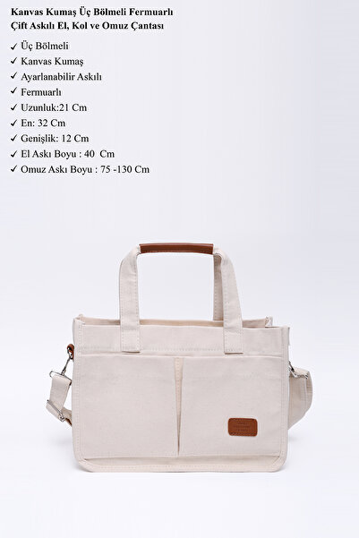 SHAKA Cream Shk174 Canvas Fabric, Three Compartments, Zippered, Double Strap, Hand, Arm and Shoulder Bag