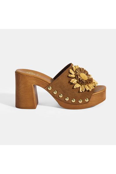 Desa Papuci cu toc din piele intoarsa pentru femei, bronzat, cu accesorii florale