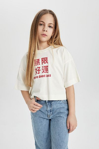 DeFacto Girl's Crop T-Shirt - Crew Neck, Printed, Short Sleeve B9550A824Sm