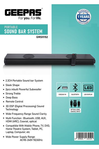 Geepas 2.2CH Portable Sound Bar System, LED Display & 3D DSP| USB/ AUX/ Bluetooth/ HDMI GMS11152