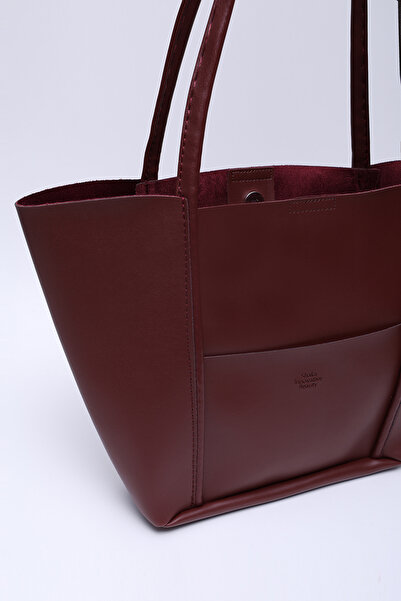 SHAKA Burgundy Shk80 Faux Leather Large Size Shoulder Bag with Front Pocket and Snap Fastener Makeup Bag