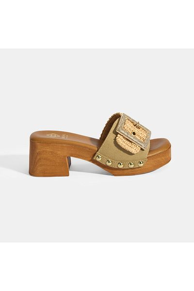Desa Women's Beige Adjustable Buckle Detailed Heeled Slippers