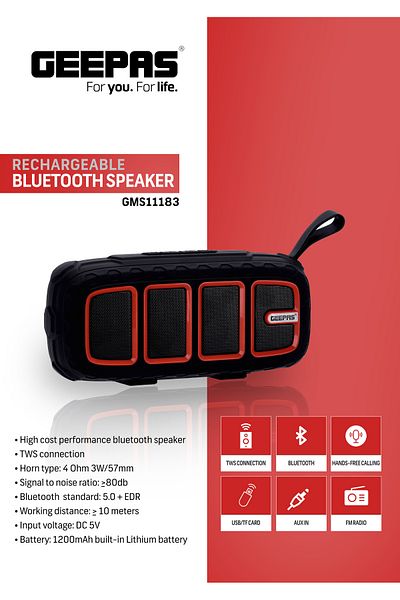 Geepas Rechargeable Bluetooth Speaker 10m Range| BT/ TF Card/ AUX/ USB Playback/ TWS Function| GMS11183
