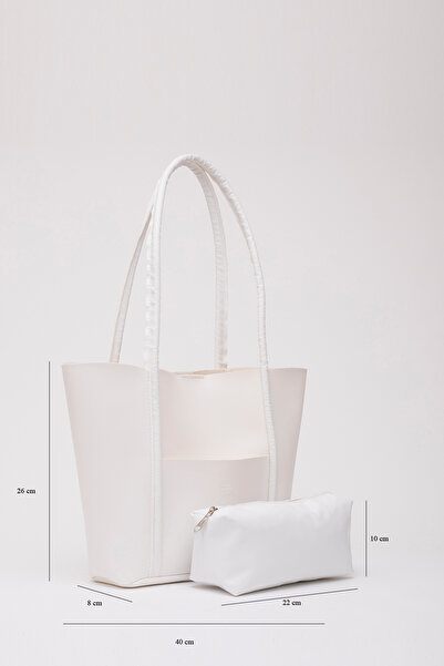 SHAKA Λευκή τσάντα μακιγιάζ Shk80 από συνθετικό δέρμα μεγάλου μεγέθους τσάντα ώμου με μπροστινή τσέπη και κουμπωτή τσάντα μακιγιάζ