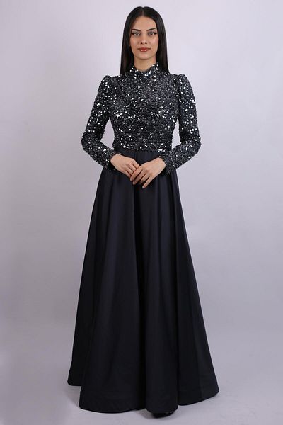 SpringStore Rochie de seară hijab din satin cu paiete antracit
