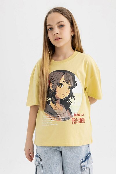 DeFacto Girls Oversize Wide Fit Crew Neck Printed Short Sleeve T-Shirt B9549A824Sm