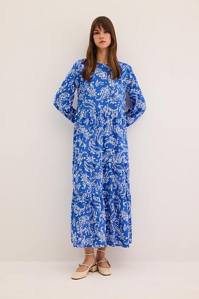 DeFacto Gemustertes Langarm-Maxikleid mit Rundhalsausschnitt A2354ax24sp