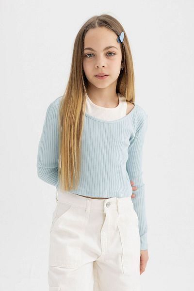 DeFacto Dívčí tričko Slim Fit Slim Fit Crew Výstřih Žebrovaná košilka s dlouhým rukávem B7388A824Sp