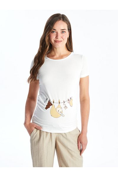 LC Waikiki Bedrucktes Kurzarm-Umstands-T-Shirt mit Rundhalsausschnitt