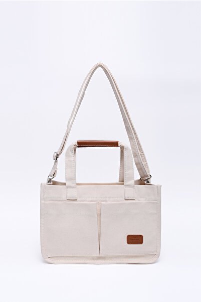 SHAKA Cream Shk174 Canvas Fabric, Three Compartments, Zippered, Double Strap, Hand, Arm and Shoulder Bag
