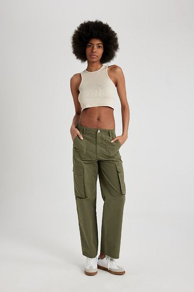 DeFacto High Waist Gabardine Pants - Standard Size with Cargo Pocket B0625Ax24Sp